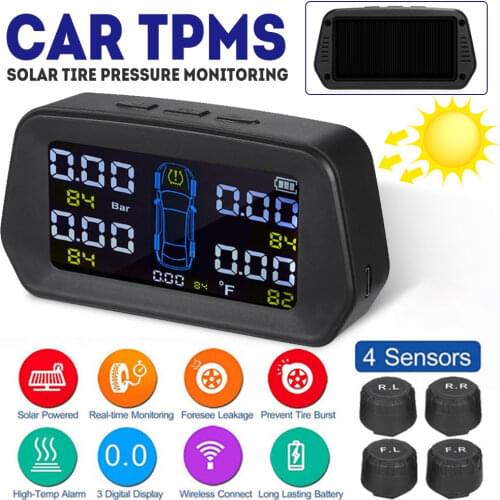 Universal TPMS Tire Pressure Monitoring System External 4PC Sensors 6 Bar Tyre Temperature Monitor LCD Screen Solar Charge