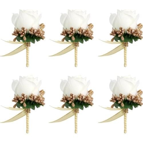 Pack of 6 Boutonniere,Buttonholes Flowers with Pin Wedding Best Man Corsage Artificial Flowers (White)