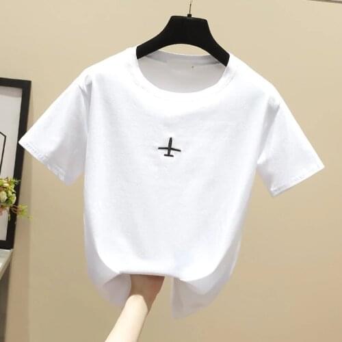 Tee Shirt Femme 2021 Summer Fashion Embroidery Cotton T Shirts Women Korean Casual White Short Sleeve Plus Size Women Clothing
