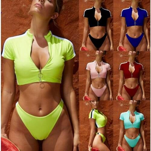 Melphieer 2021 Ladys Beachwear New Solid Zipper Sport Bikini Sexy Crop Top Thong Biquini Pads Push Swimsuit Women Bathing suit