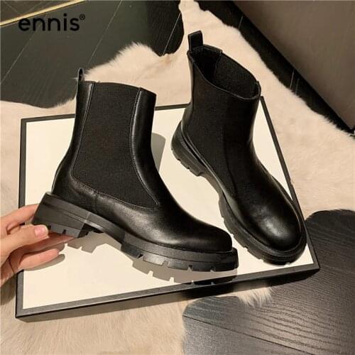 ENNIS Womens Ankle Boots 2021 Genuine Leather Chelsea Boots Platform Square Heel Autumn Winter Ladies Brown Boots Fashion Shoes