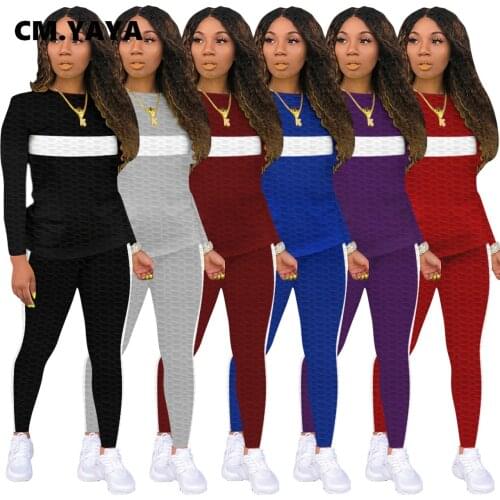 CM.YAYA Activewear Striped Patchwork Womens Set Sweatshirt Jogger Pants Set Tracksuit Fitness Two Piece Set Matching Outfits