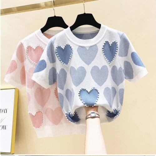 2021 Summer Fashion Women Clothes Short Sleeve Beading Love Knitted Sweater Pullover Woman O Neck Sweaters Pull Femme Jumper