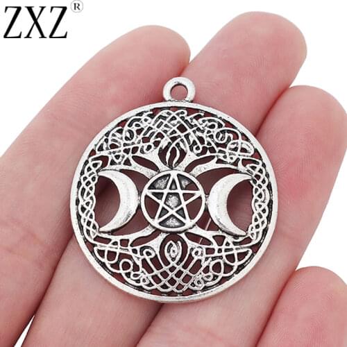 ZXZ 10pcs Tibetan Silver Celtics Tree Life Triple Moon Goddess Charms Pendants Beads for Necklace Jewelry Making 35x35mm