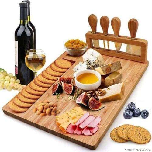 Bamboo Cheese Board with Knives Cutlery Knife Set Wood Cheese Boards Cooking Tools Cheese Knife Cheese Slicer Fork Scoop Cut