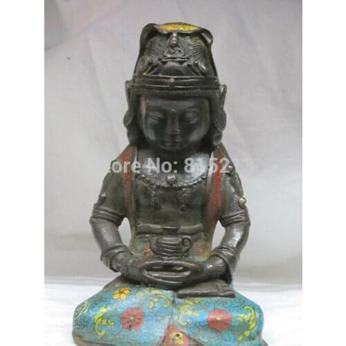 Bi00779 Chinese old Bronze Cloisonne Hold the teapot be seated kwan yin Quan yin Statue