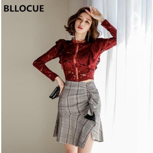 BLLOCUE New Women Spring Korean Two piece Set Elegant Lace O-Neck Wine Red Tops High waist Ruffle Plaid Mermaid Skirt Suits