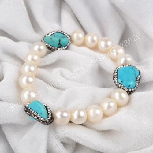 BOROSA NEW! 5Pcs/lot Three Freeform Turquoises Paved Zircon With Imitation White Natural-Pearl Beaded Bracelet JAB153