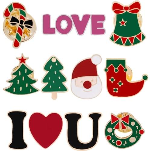 11 Style Santa Claus Brooch Xmas Tree Socks Wreath Pins Pin Up Candy Cane Christmas Jewelry "I Love You" Brooches Men And Women