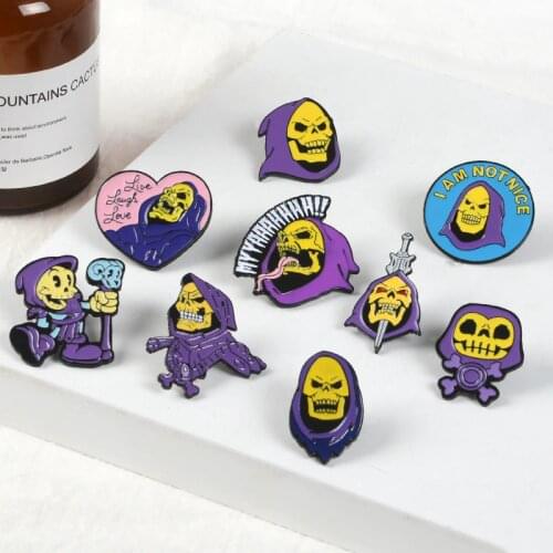Skeletor purple Enamel Pin Mech wizard Yellow Skull Badges Brooches Bag Clothes Lapel pin Classic Cartoon Jewelry Punk Bone Pins