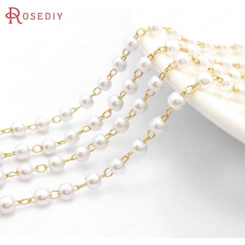1 Meter 24K Gold Color Brass and Plastic Imitation Pearl Round Beads Necklace Chains Jewelry Making Supplies Diy Accessories