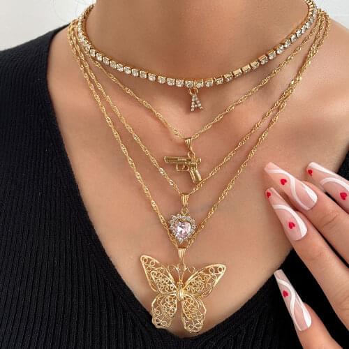 New Hollow Butterfly Heart Pendant Multilayer Necklace For Women Golden Metal Clavicle Chain Crystal Tennis Choker Gifts Jewelry