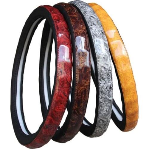 DONYUMMYJO Black Steering-Wheel Cover with Woodgrain Design and Chrome Trim/PU leather car steering wheel braid diameter 38cm