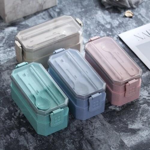 1pcs Wheat Straw Double Lunch Box Student Lunch Box Cutlery Set Insulation Lunch Box Meal Prep Containers Lunch Box for Office