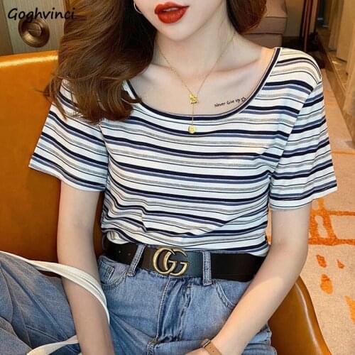 T-shirts Women Summer Striped Simple All-match Leisure Korean Style Cool Slim Retro Tshirts Streetwear Harajuku Fashion Knitted