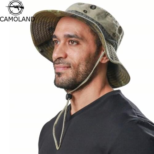 CAMOLAND Cotton UV Protection Sun Hats Women Men Wide Brim Hiking Fishing Hat Washed Boonie Caps Male Bucket Hat
