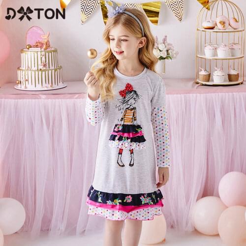 DXTON Autumn Girls Dress Dot Long Sleeve Kids Dress For Girls Appliques Flower Children Casual Dress Cotton Girls Clothing 3-12Y