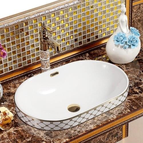 Chinese silver/gold Mosaic Ceramic oval Semi Countertop Bathroom Sink Art Basin With Overflow rectangular ceramic sink