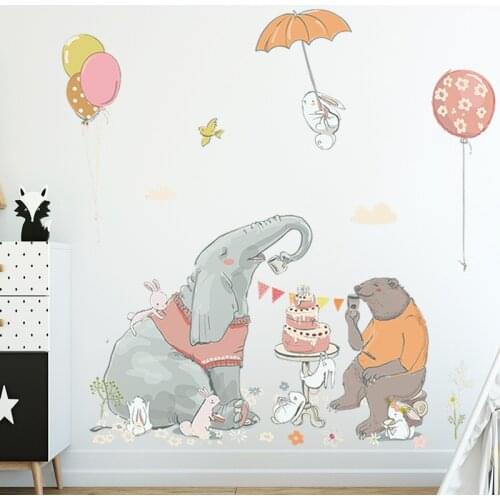 Cartoon Home Decoration Elephant Bear Eat Cake Wallpaper Children Bedroom Decoration Wall Stickers Self-Adhesive