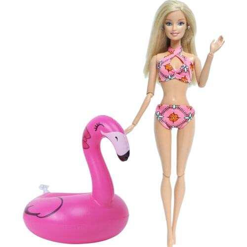 Handmade Flexible Soft Swimwear Pink Bikini Beach Wear + Cute Animals Swim Ring Clothes for 12 inch Doll Accessories Kids Toy