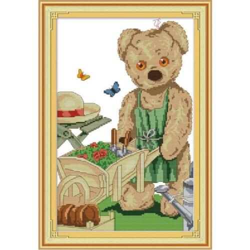 Gardening bear cross stitch kit aida 14ct 11ct count print canvas cross stitches needlework embroidery DIY handmade