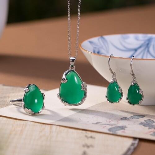 S925 sterling silver natural green chalcedony vintage Lotus drop-shaped womens earrings rings pendants set