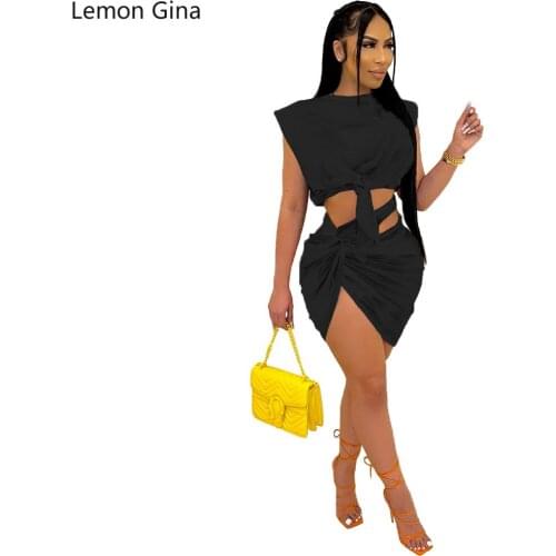 Lemon Gina Solid Color Hollow-out Pleated Tie - Up Club Dress 2 Pieces Set