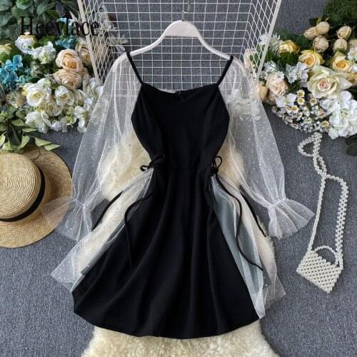 Autumn sequined mesh long sleeve patchwork mini dresses women high waist black short dresses