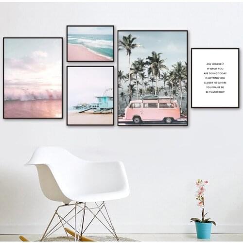 Pink Bus Sea Wave Beach Coconut Tree Wall Art Canvas Painting Nordic Posters And Prints Wall Pictures For Living Room Decor