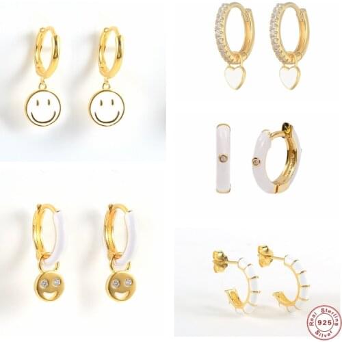 S925 Sterling Silver Cartilage Earrings White Dripping Oil Enamel Love Heart Smile Face Hoop Earring For Women Wedding Jewerly
