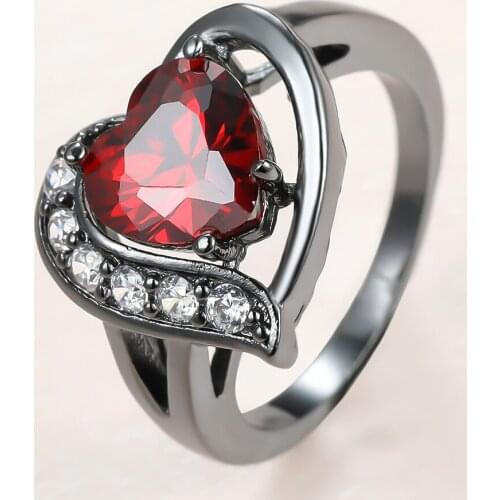 Vintage Female Red Crystal Stone Jewelry Classic 14KT Black Gold Wedding Rings For Women Charm Bride Love Heart Engagement Ring