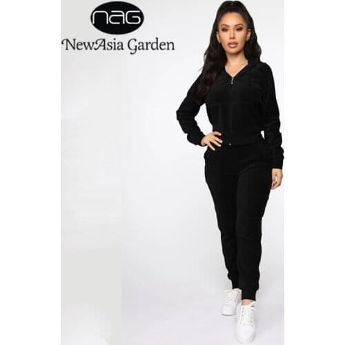 NewAsia Velour Tracksuit Drawstring Zipper Hoodie and Jogger Set Sweatpants Women 2 Piece Set Fashion Suit 2020 Fall Clothes New