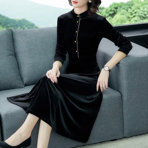 Spring Casual Black Velvet Office Lady Dresses 2021 Women Elegant Bodycon Party Vestidos Autum Hepburn Korean Vintage Midi Dress