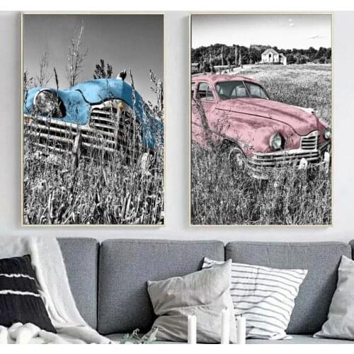 Vintage Poster Black White Pink Blue Retro Car Scenery Canvas Painting Nordic Wall Art Home Decor for Living Room Bedroom Mural