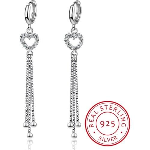 925 Sterling Silver Earrings Mosaic CZ Zirconia Heart Shape Beads Long Tassel Earrings For Women oorbellen brincos S-E400