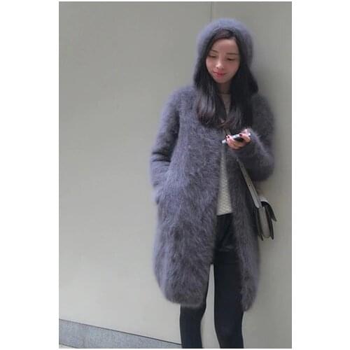 Womens long plush mink cashmere sweater coat female with hooded cardigan free shipping J14