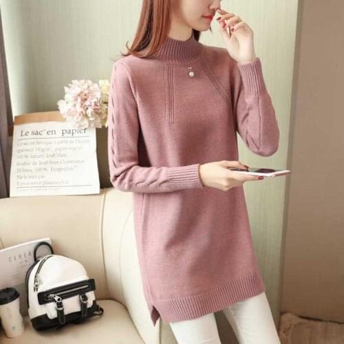 Ladies Solid Color Mid-length Slim Sexy Half High Neck Long Sleeve Pullover Female Casual Loose Dress Base Sweater Autumn Winter