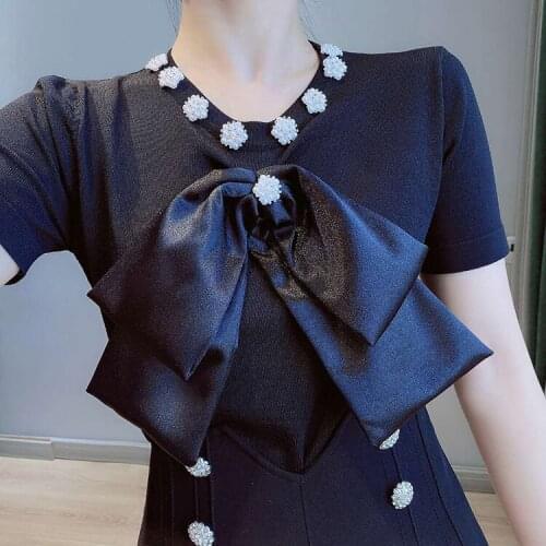 New Runway Women Summer All-Match Black White Knitwear Round Neck Short-Sleeved Pullover Bowknot Beading Thin Knit T-Shirt Tops