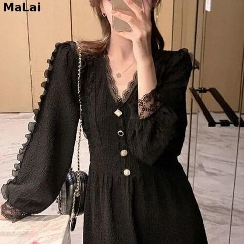 Korean 2021 Summer Lace Black Dress Women Long Sleeve Button V-Neck Office Lady Vintage Midi Dress Female Gothic One Piece Dress