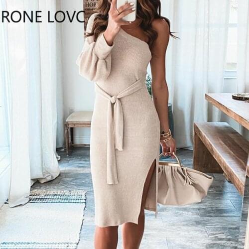 Women Solid Elegant One Shoulder Lantern Sleeve Rib-knit Silt Sashes Bodycon Sexy Dresses