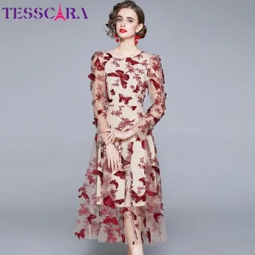 TESSCARA Women Luxury Embroidery Dress Festa Female High Quality Long Elegant Party Robe Femme Vintage Designer Mesh Vestidos