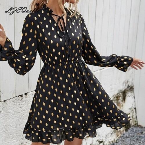 Dot Print A Line Mini Dress Women Long Sleeve V Neck Lace Up Dresses Casual High Waist Ruffles Pleated Party Vestidos NZ3534