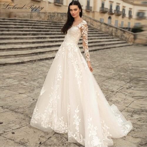 Lceland Poppy Womens A Line Lace Appliques Wedding Dresses 2021 Full Sleeves Vestido de Novia Bridal Gowns with Court Train