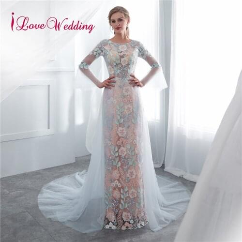 ILoveWedding Vestido longo Long Sleeves Floral Lace Long Evening Dresses Party Vestido De Festa Sheath Tulle Prom Gowns