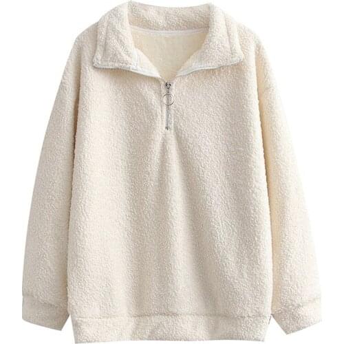 ZXQJ Women 2021 Fashion Faux Lamb Wool Plus Velvet Zipper Embellished Coat Vintage Long Sleeve Female PulloverChic Tops