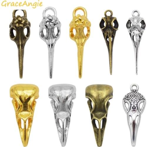 9Pcs Mixed Raven Skull Charms Alloy Animals Skull Bird Head Pendant Handmade Hanging Crafts Vintage Jewelry Bronze Silver Gold