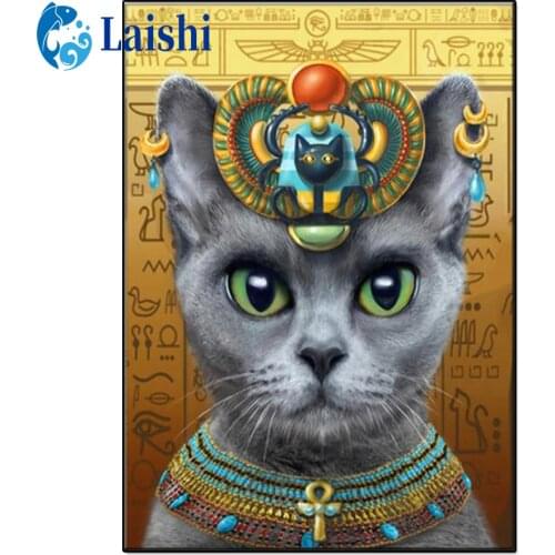 3D Diy Russian blue cat, ancient Egyptian landscape Diamond Painting Art animal Diamond Picture Mosaic Gift Home Wall Decoration