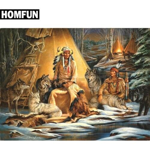 HOMFUN Full Square/Round Drill 5D DIY Diamond Painting "indians & Wolf" Embroidery Cross Stitch 5D Rhinestone Decor A00268
