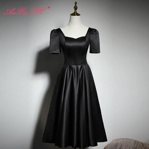 AnXin SH princess black satin evening Dress vintage sweetheart party short sleeve a line evening dress little black dress
