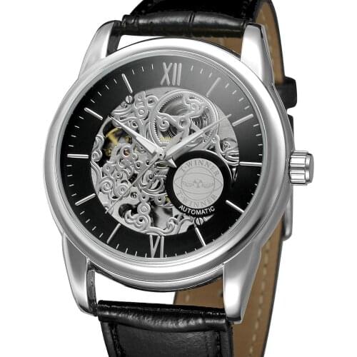 WINNER fashion trend casual hollow design mens watch black dial silver case black leather strap automatic mechanical watch